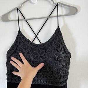 VTG Pia Y2K 90s Black Velvet Dress Spaghetti Strap Formal Gown Goth Foral Embri